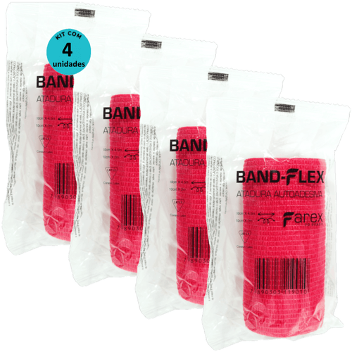 Atadura 10cm Vermelha Band-Flex Autoadesiva Para Animais Farex Kit Com 4